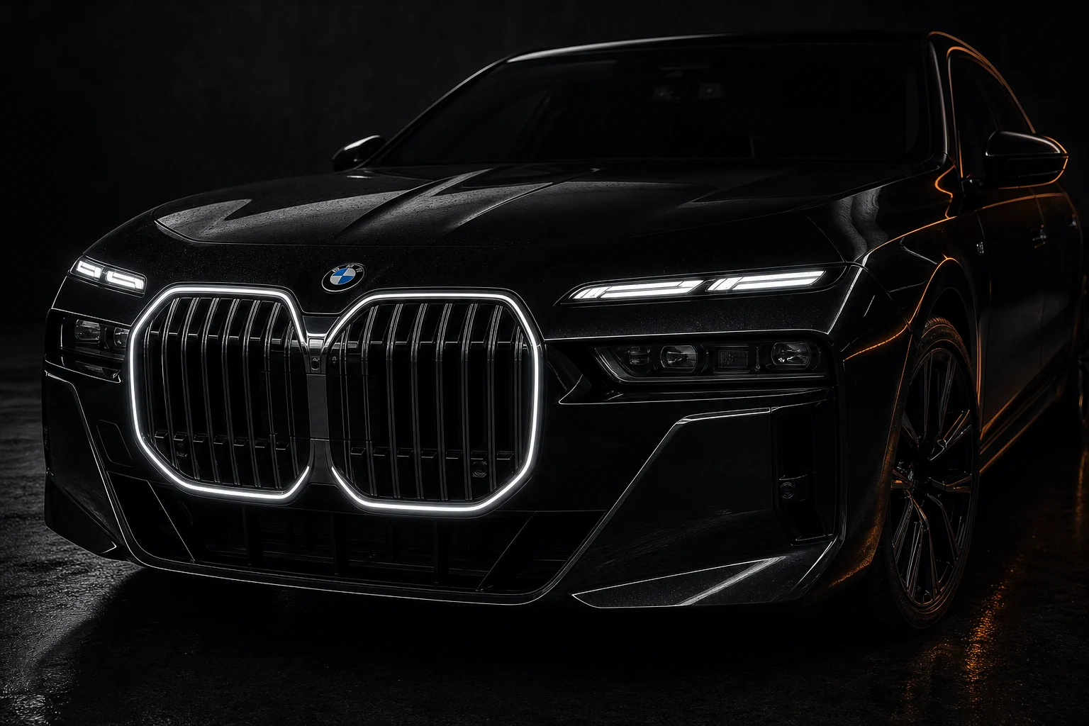 Front view of a BMW i7 electric vehicle with illuminated headlights